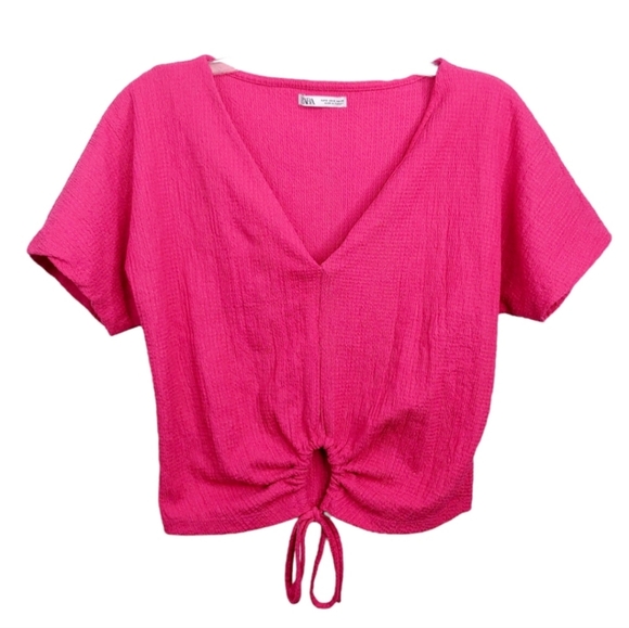 Zara Pink Short Sleeve Drawstring V Neck Relaxed Crop Top Women's Size Small S - Picture 4 of 11
